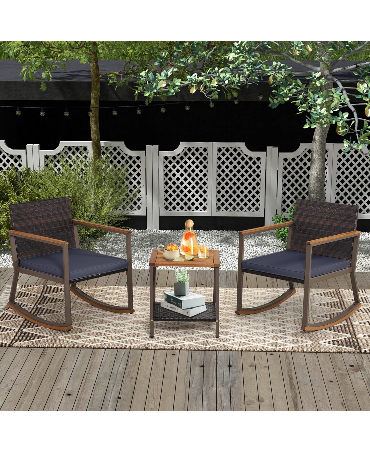 Sugift 3 Pieces Rattan Rocking Bistro Set with Coffee Table and Cushions