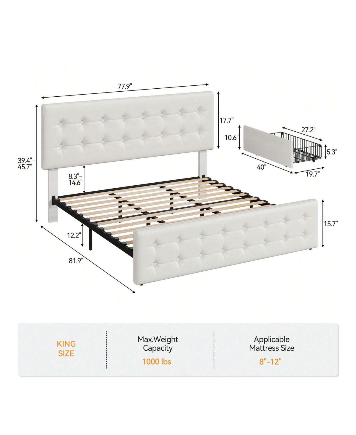 Bed Frame,With 4 Storage Drawers And Headboard, Linen Upholstered Platform Frame With Wooden Slats Support, Button Tufted Design