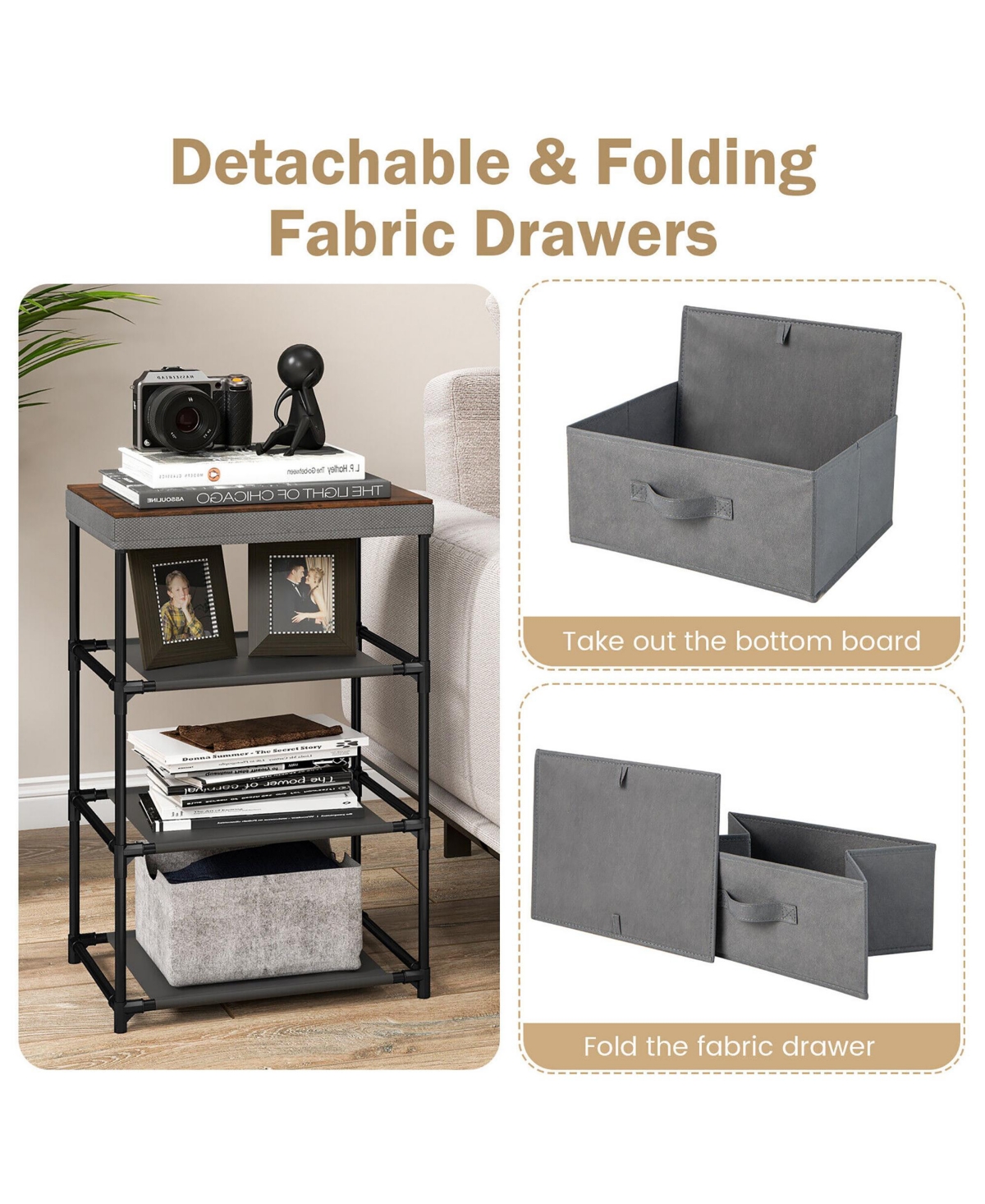 Gymax 2PCS 3 Drawers Dresser Fabric Storage Tower Organizer Unit Tall Nightstand Side Table - Grey + rustic brown