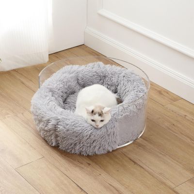 Bette 20.75" x 20.75" Small/Medium Modern Acrylic Calming Fluffy Donut Pet Bed with Washable Cover, Light Gray/Clear
