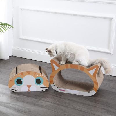 Opal 19" Modern Cardboard Happy Cat Head 2-in-1 Cat Cave Scratcher with Built-In Bell Toys and Catnip