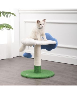 Sami 21.5" Modern Jute Cloud Cat Tree with Scratching Post, and Fuzzy Toy, White/Blue/Green