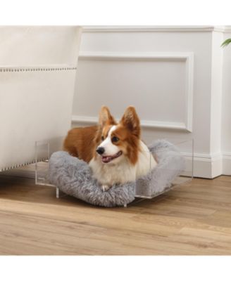 Carole 24" x 18" Small/Medium Modern Acrylic Calming Fluffy Pet Bed with Washable Cushion, Light Gray/Clear