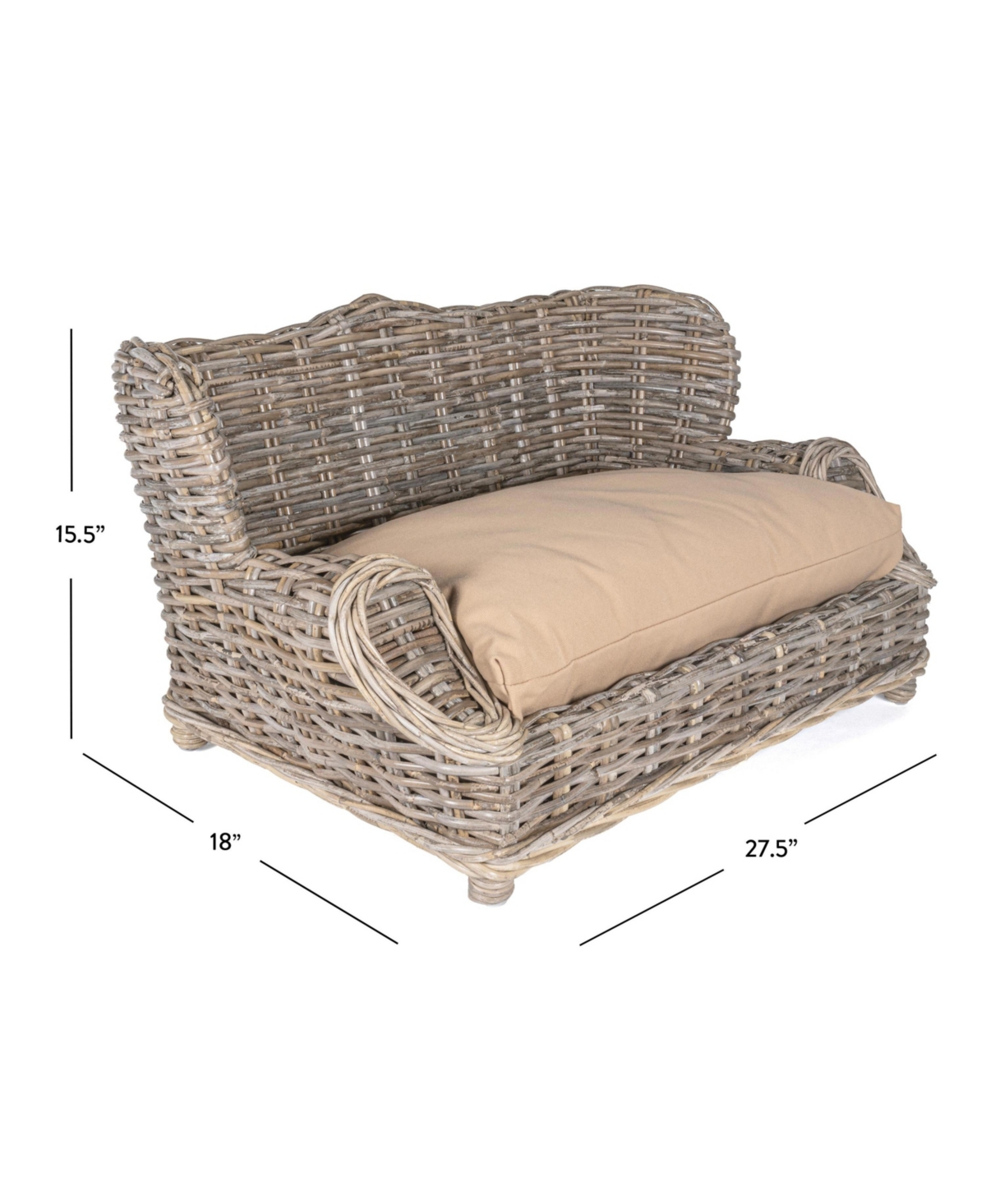 Classic 27.5" x 18" Mediterranean Handwoven Rattan Pet Daybed with Machine-Washable Cushion, Kubu Gray