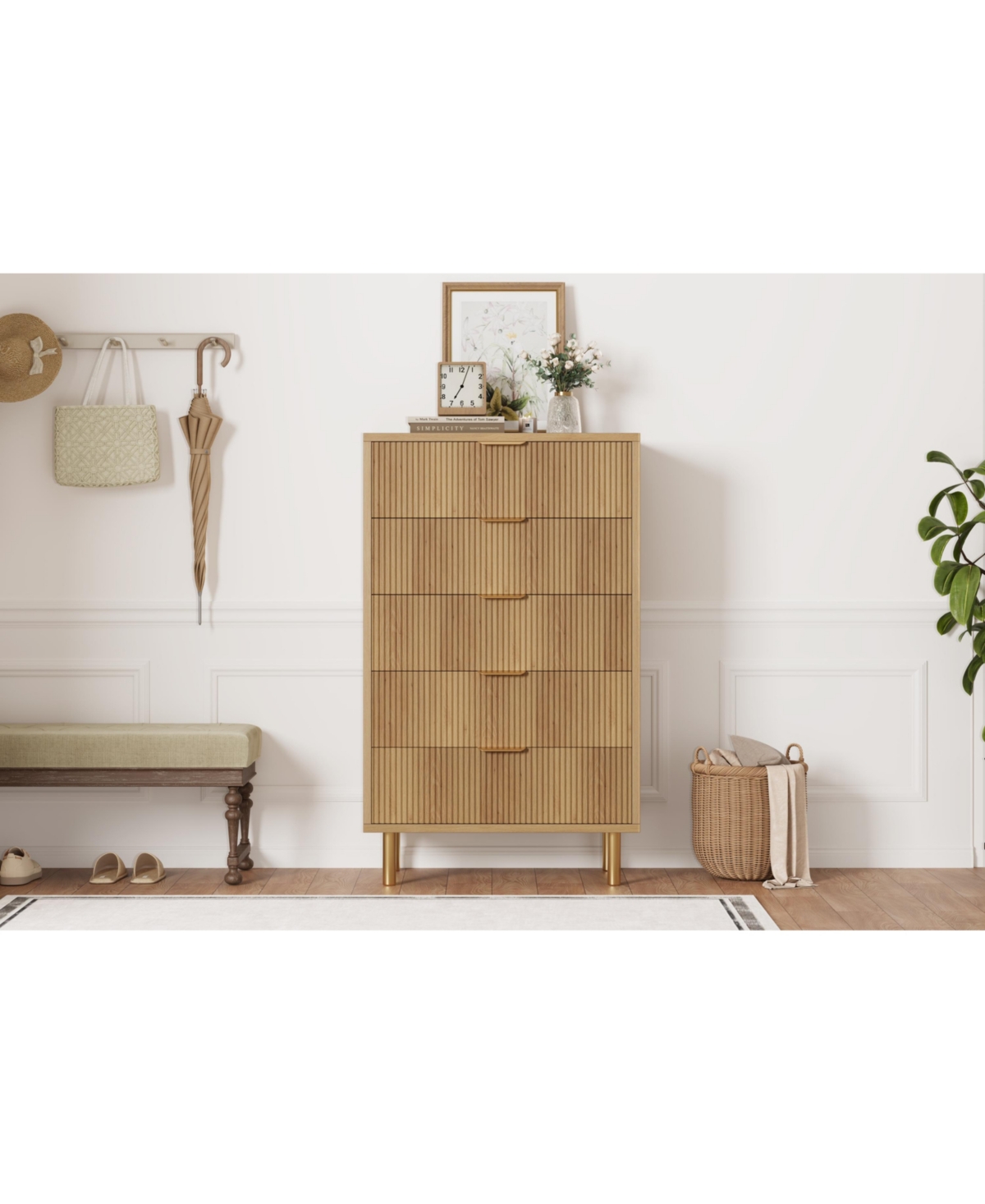 gaomonDresser, Modern 5 Drawer Dresser for Bedroom with Gold Handle and Large Drawer - Brown