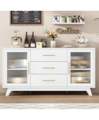 56" Sideboard Cabinet with Fluted Glass Doors & Drawers – Freestanding Buffet Storage Organizer for Kitchen, Dining & Living Room.