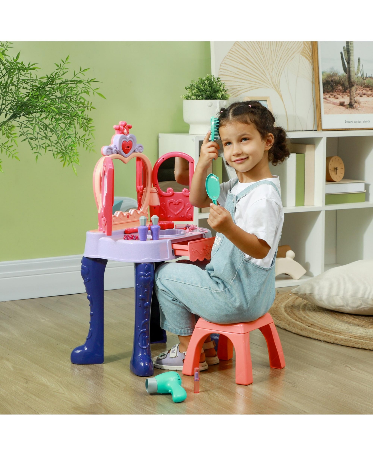 Qaba Kids Vanity Set w/ Mirror and Stool, Music, Light, Drawer, Multicolor