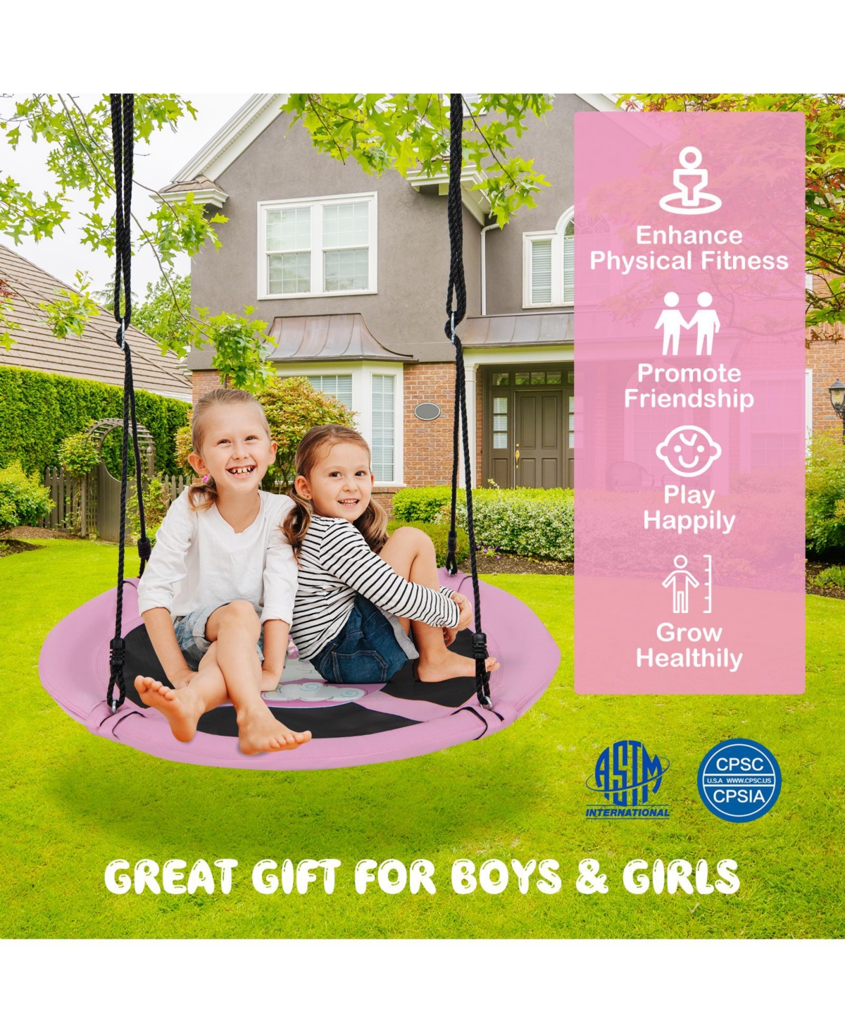 Sugift Kids Inches Saucer Tree Swing Round with Adjustable Ropes and Carabiners- Pink