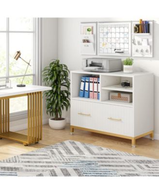 Lateral File Cabinet with Drawer Adjustable Hanging Rod for Letter A4 Files 35.4-Inch Wood Modern Printer Stand with Open Storage