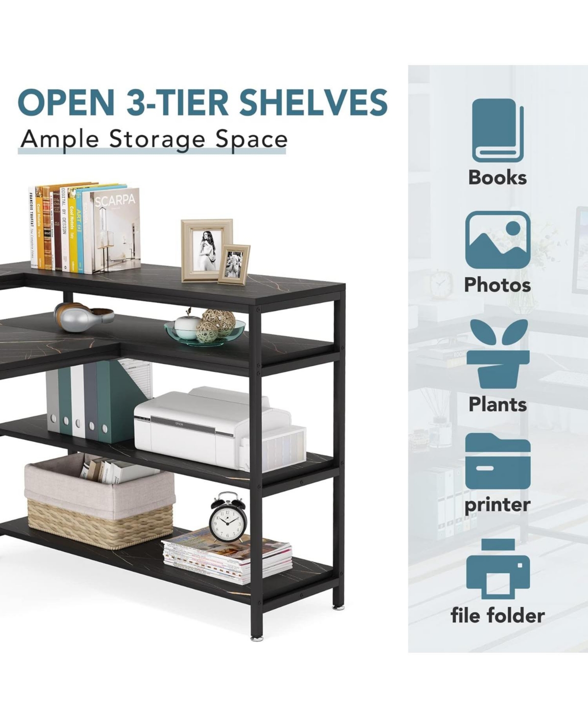 Tribesigns 53 Inch Reversible Shaped Desk with Storage Shelf,Shelves and Monitor Stand, Gaming Desk for Home Office