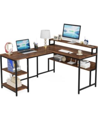 Reversible Corner Computer Desk with Storage Shelves,59 Inch L Shaped Desk with Monitor Stand,Study Writing Table Workstation for Home Office, Rustic Brown