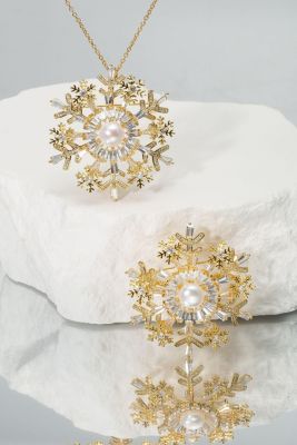 Pave Cubic Zirconia and Freshwater Pearl Snowflake Multi Way Brooch Pendant