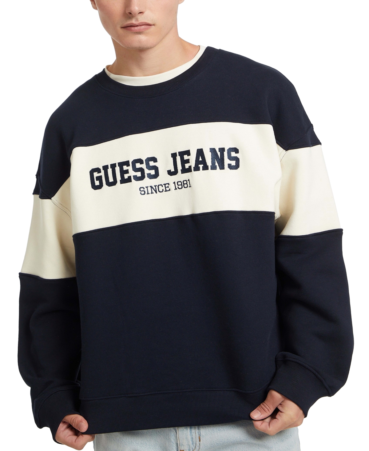 Guess Jeans Men's Stripe Crewneck Logo Sweatshirt In Navy