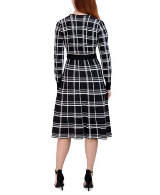 Robbie Bee Women's Plaid Belted Long-Sleeve Fit & Flare Dress - Macy's