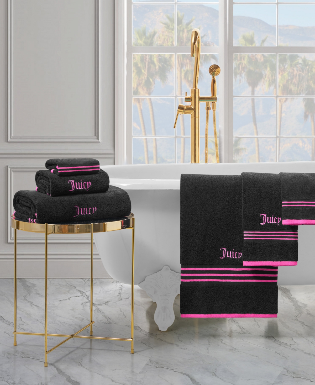 Juicy Couture Neon Border Cotton 6-pc. Bath Towel Set In Black,hot Pink
