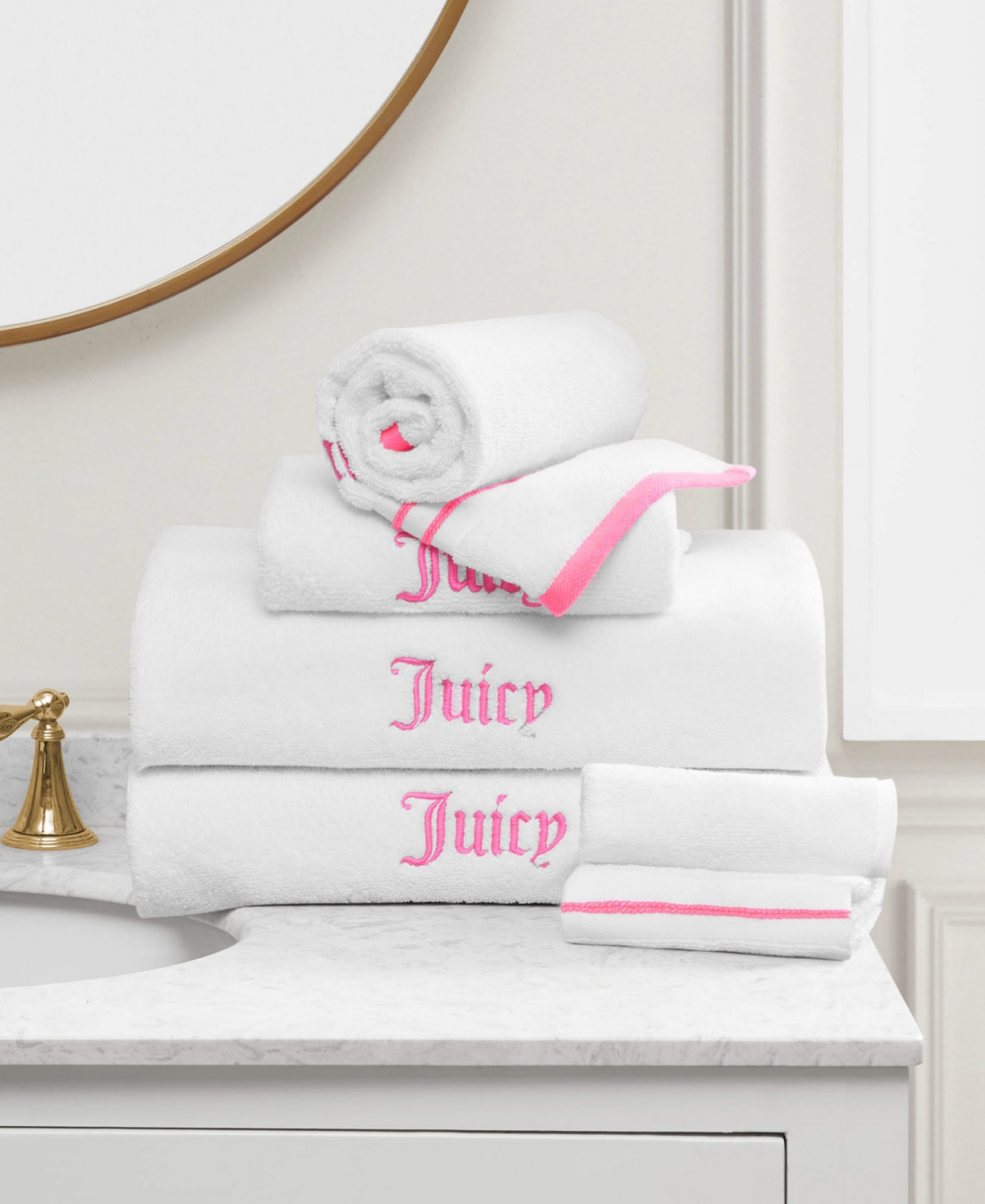 Shop Juicy Couture Neon Border Cotton 6-pc. Bath Towel Set In White,hot Pink