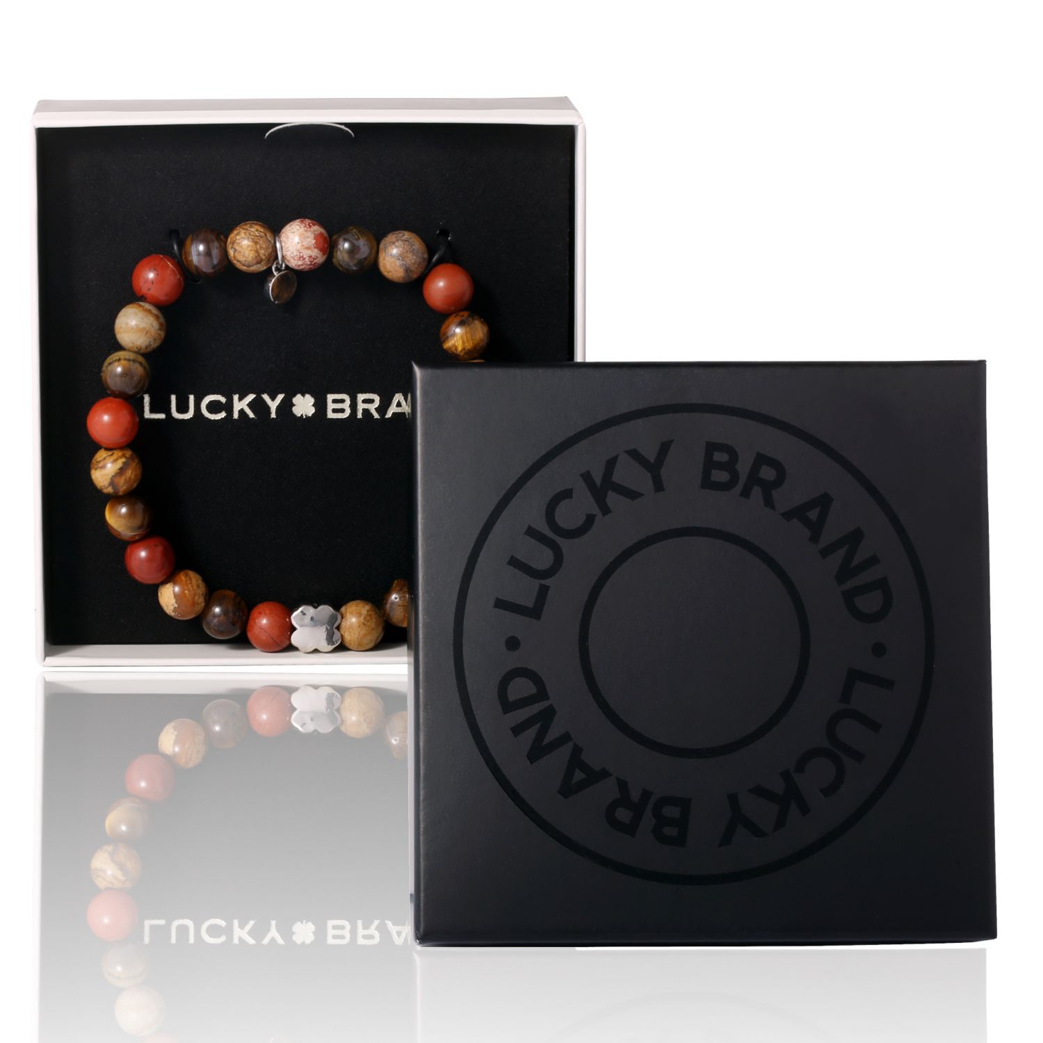 Red Jasper Mens Bracelet, Stretch Beaded Bracelet for Men with Clover Logo and Jasper Beads