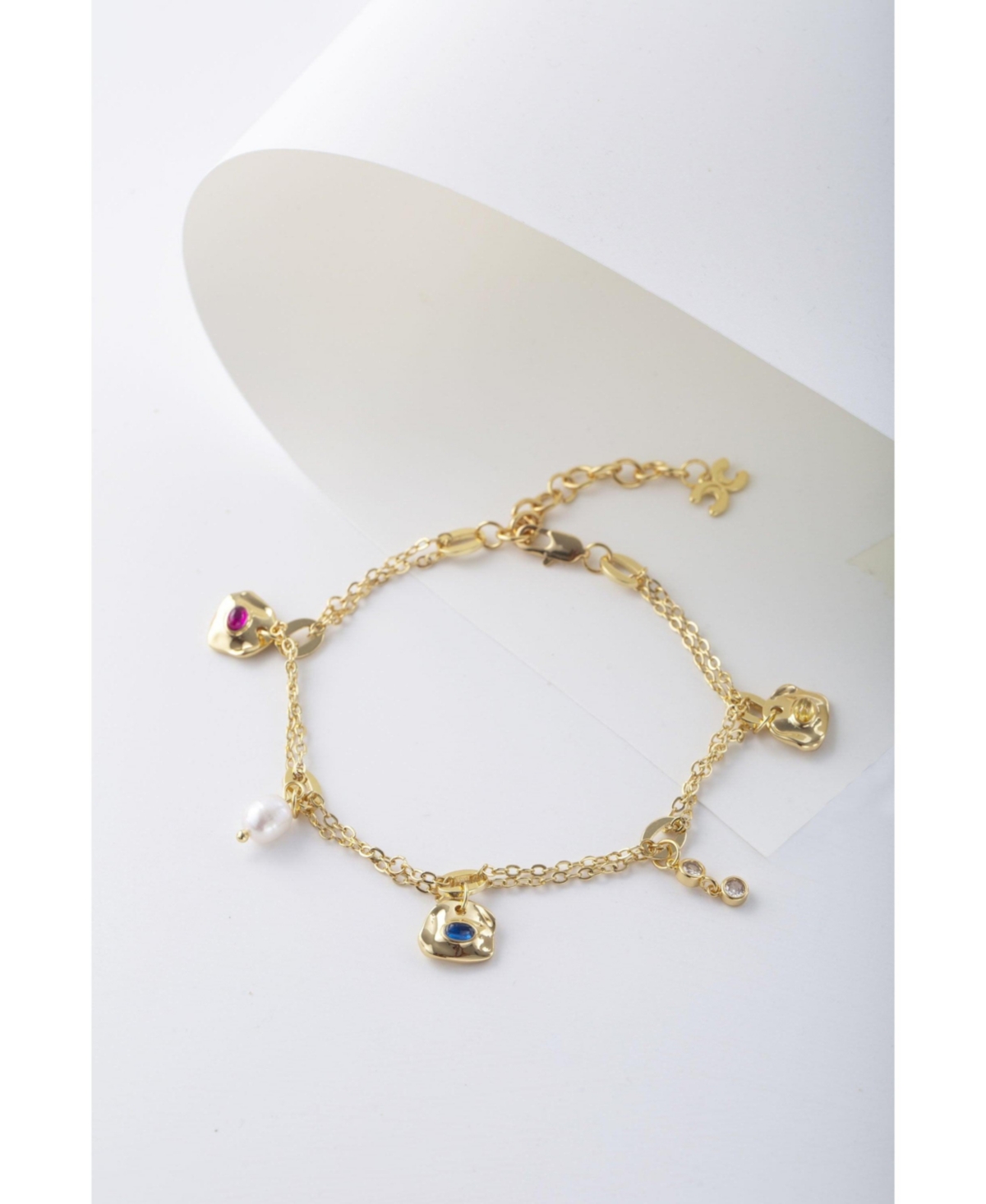 Iris Colored Cubic Zirconia and Freshwater Pearl Charms Anklet - Gold