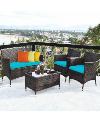 4 Pieces Patio Rattan Sofa Set with Chairs and Glass Coffee Table