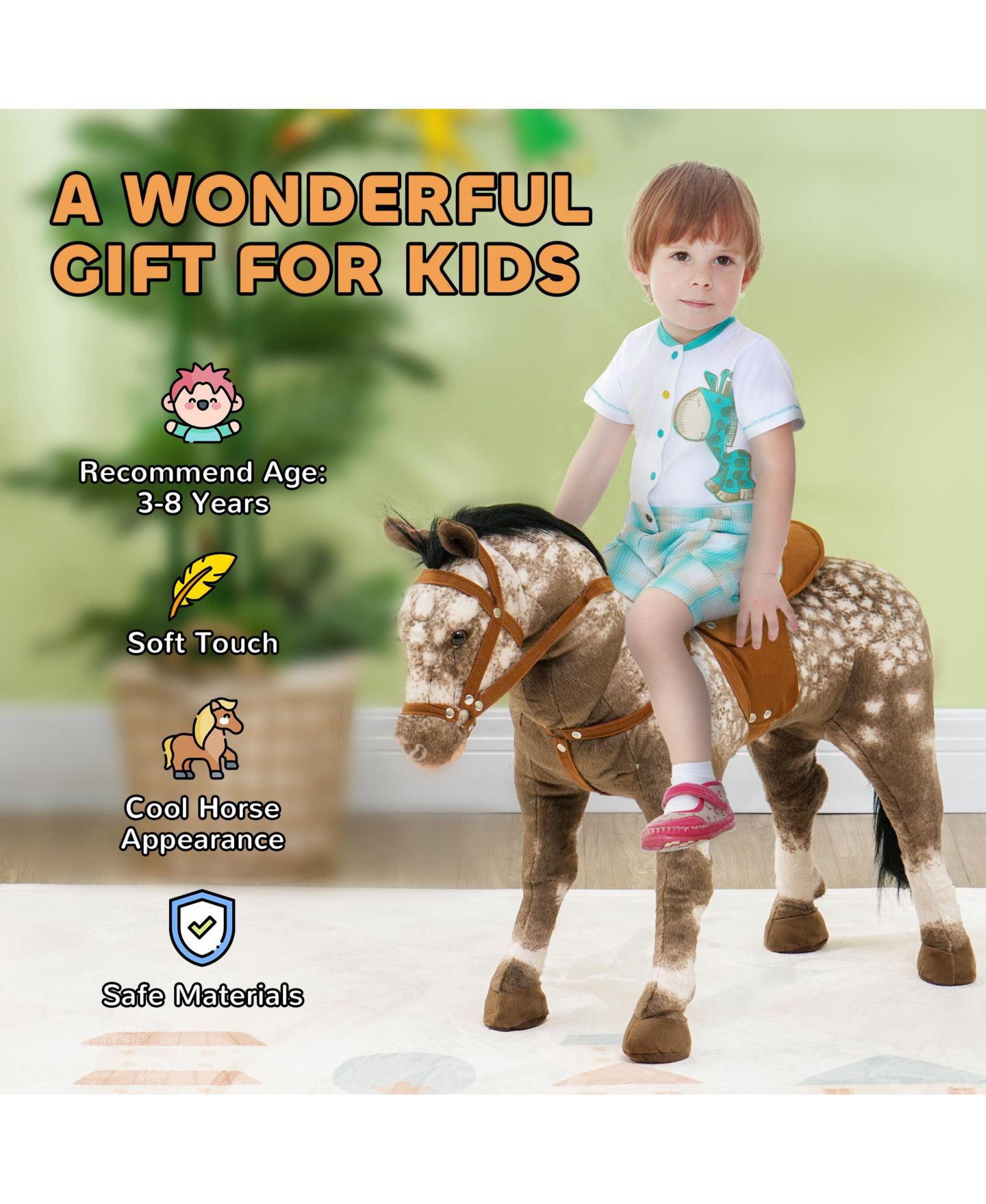 Детская игрушка Qaba Ride on Horse with Neighing Sound, Saddle and Stirrups, Ages 3-8, цвет: Коричневый — фото 3