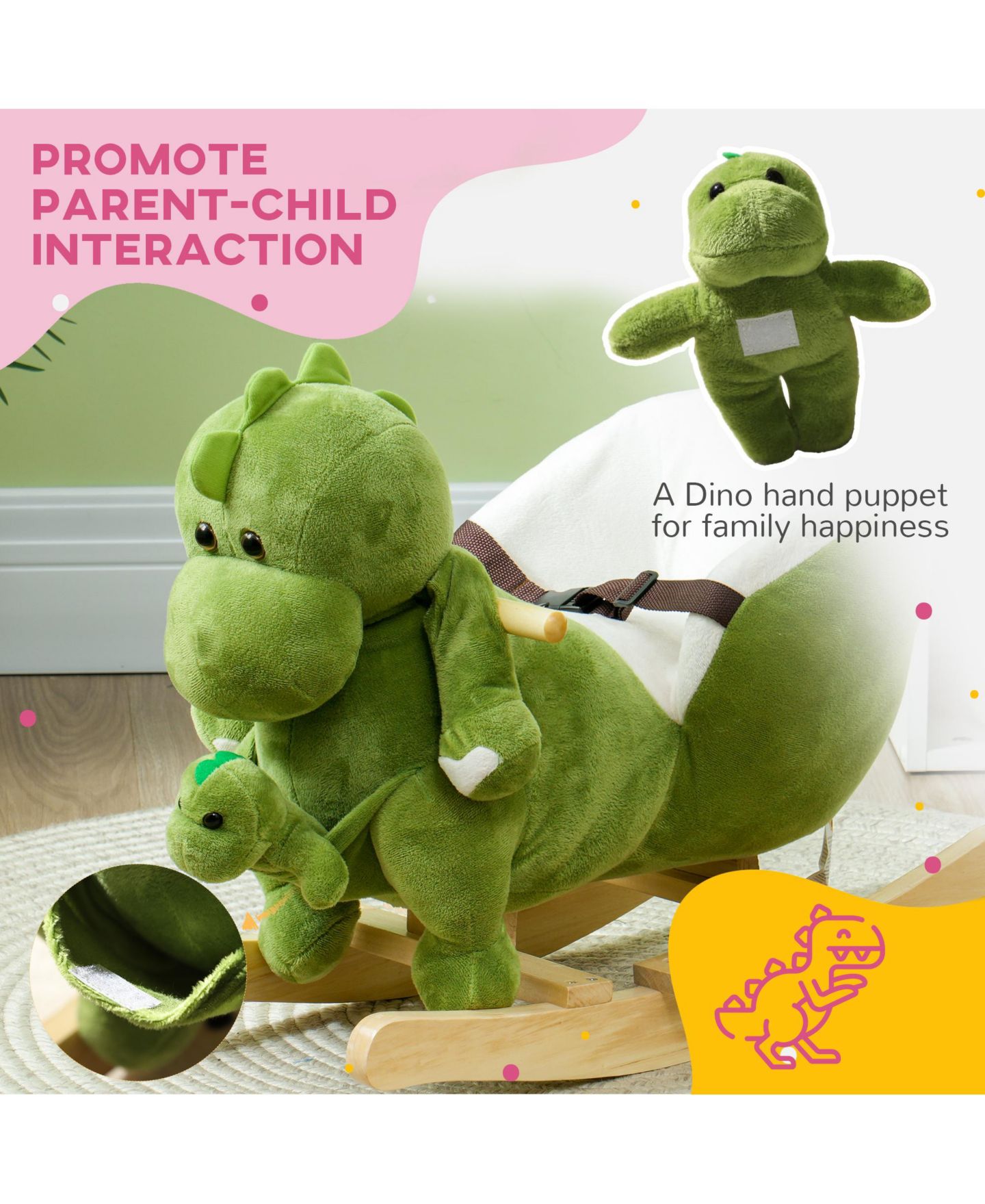 Детские игрушки Qaba Rocking Dinosaur, Wood Frame, with 32 Songs & Seat Belt, 55 lbs. Capacity, Ages 18-36 Months, цвет: Зелёный — фото 7