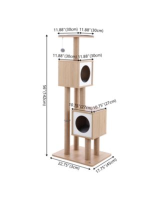 Sawyer 56" 3-Tier Minimalist Jute Cat Tree Condo with Scratching posts, and Fuzzy Toy, Brown/White