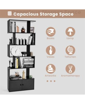 2PCS 6-Tier Shaped Bookshelf w/ Cabinet 6-Tier Tall Bookcase w/ Doors