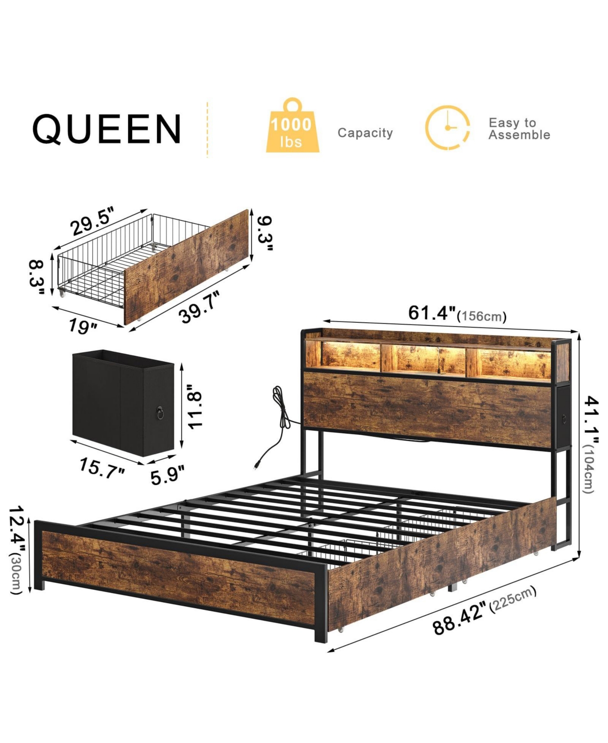 Hausource Queen/Full Size Bed Frame with Storage Headboard & 2 Drawers Platform Bed No Box Spring Needed,