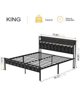 King/Twin Size Bed Frame with Storage Headboard & Charging Station Upholstered Platform Bed, King