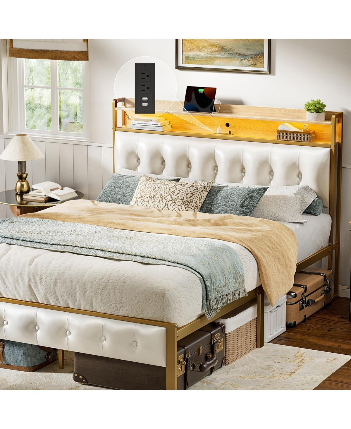 Hausource Size Bed Frame with Storage Headboard & Usb Ports & Outlets No Box Spring Needed