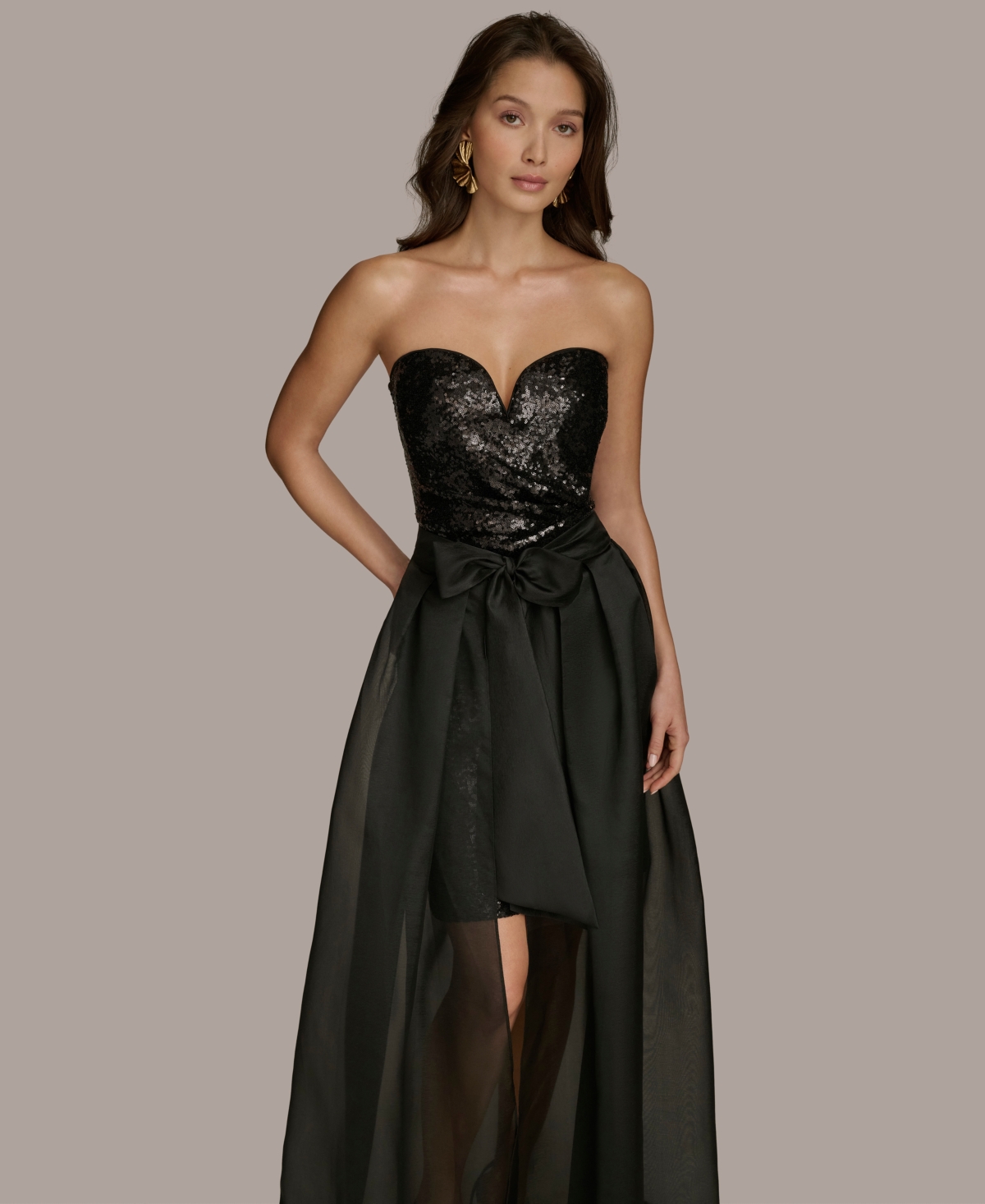 Donna Karan Women's Sequin Organza-overlay Bow-waist Gown In Black