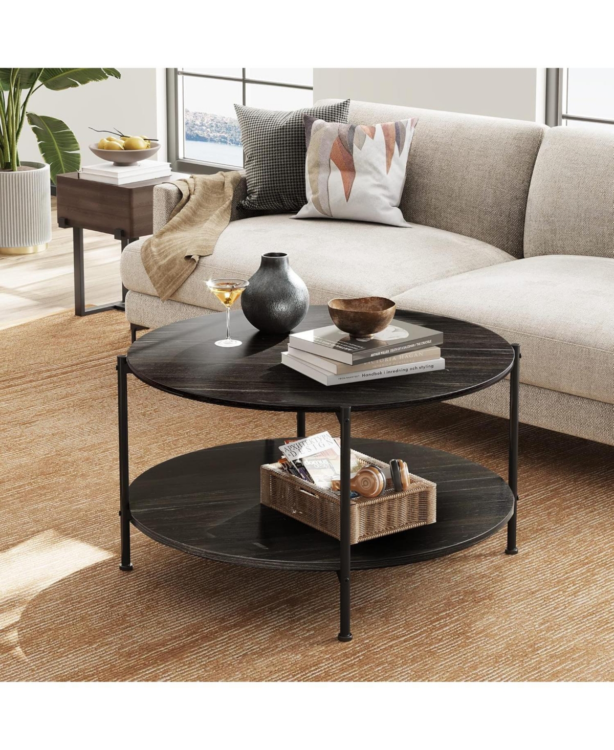 Wlive Round Coffee Table, Living Room Table with 2-Tier Storage Shelf,32in Wood Modern Coffee Table with Metal Frame and Wood Desktop,Easy Assembly,Ch
