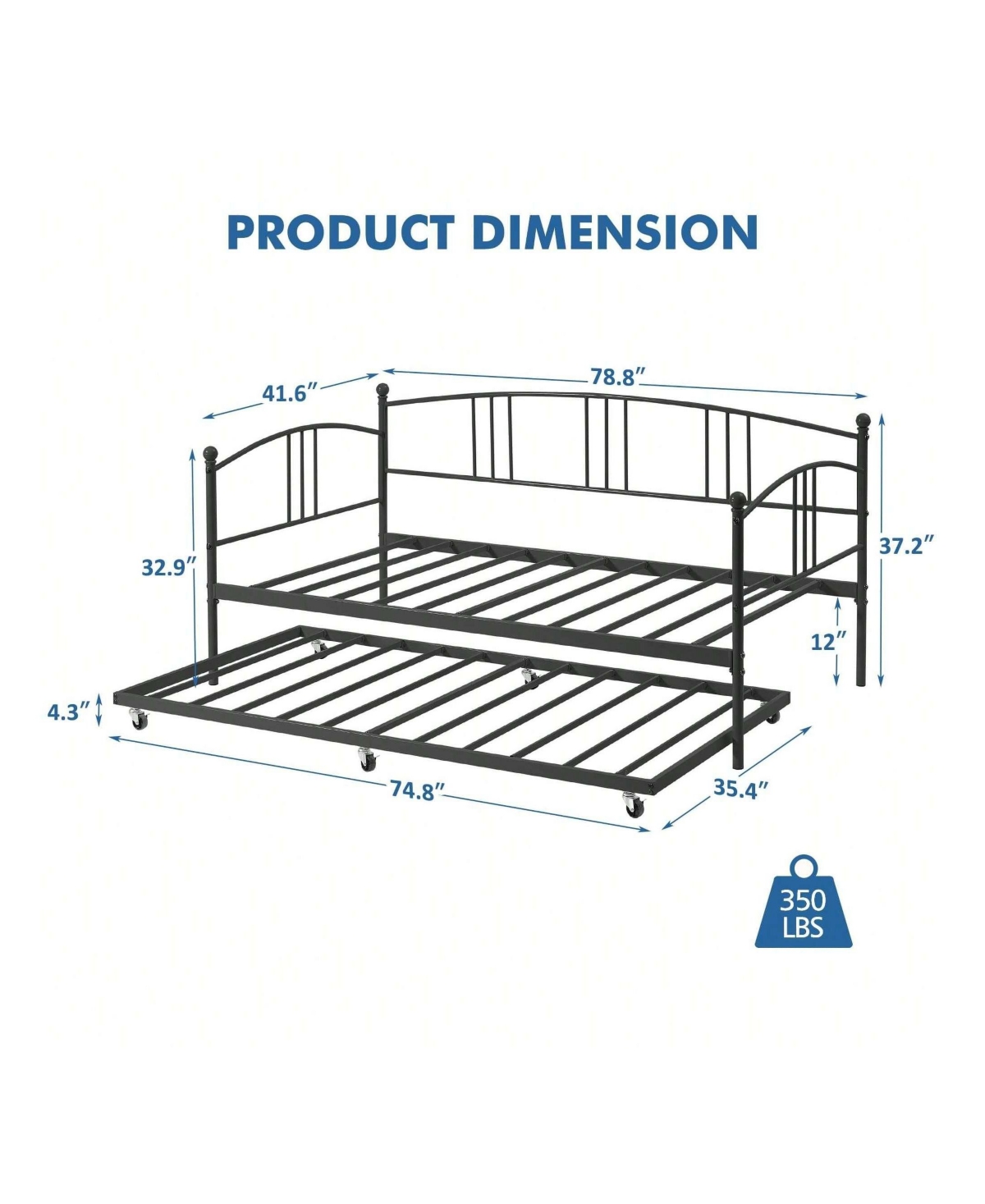 gaomon Rectangular Metal Daybed With Trundle, Sofa Bed Frame With 6 Casters And Steel Slat Support For Living Room, Bedroom And Guest Room