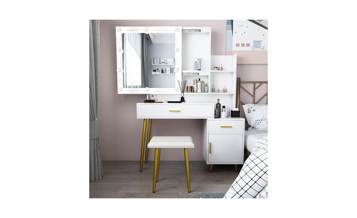 Slickblue Triamine Veneer Mirror Cabinet with Iron Legs 2 Drawers, 1 Door, and 2 Shelves for Stylish Storage
