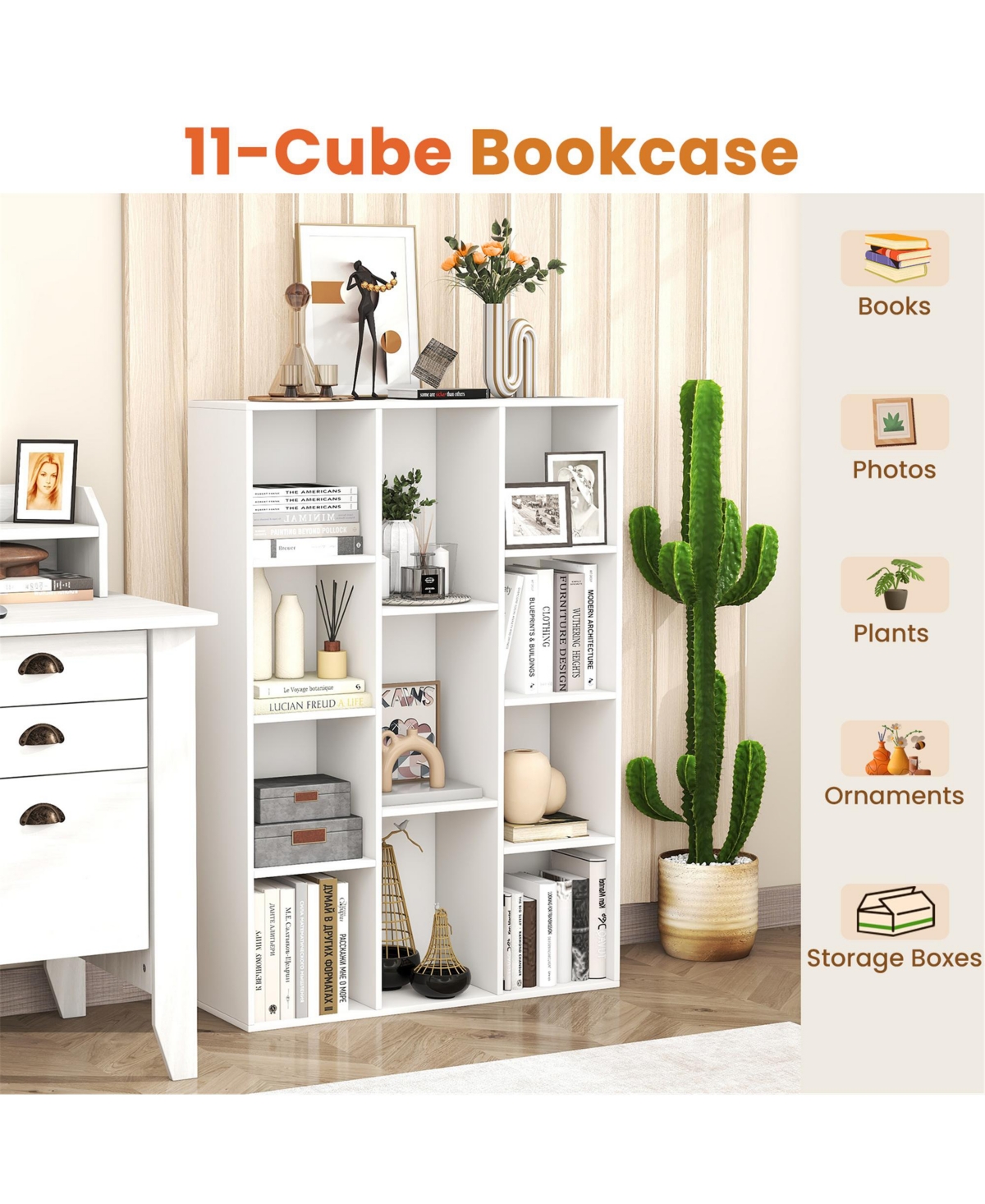 Gymax 2PCS 11-Cube Bookcase Modern Geometric Bookshelf Storage w/ Anti-tipping Kits