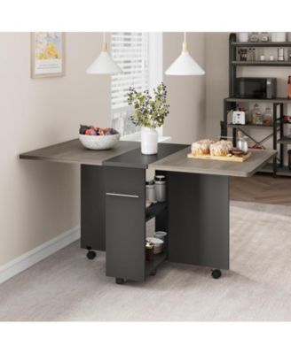 1 PC Wood Space Saving Folding  Dining Table with 2 Tier Storage-Extendable Drop Leaf Farmhouse Kitchen Dining Room Table