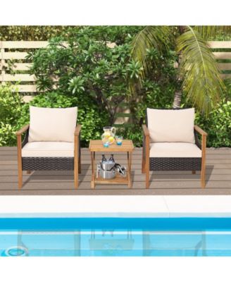 3 Pieces Patio Wicker Furniture Set with 2-Tier Side Table and Cushioned Armchairs