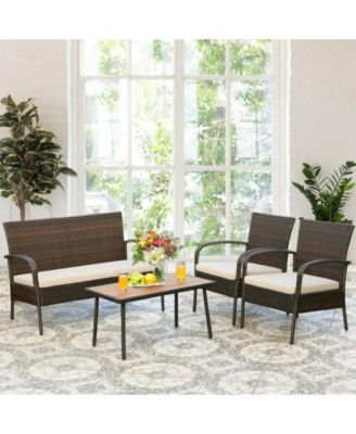 4 Pieces Patio Cushioned Wicker Conversation Set with Acacia Wood Tabletop