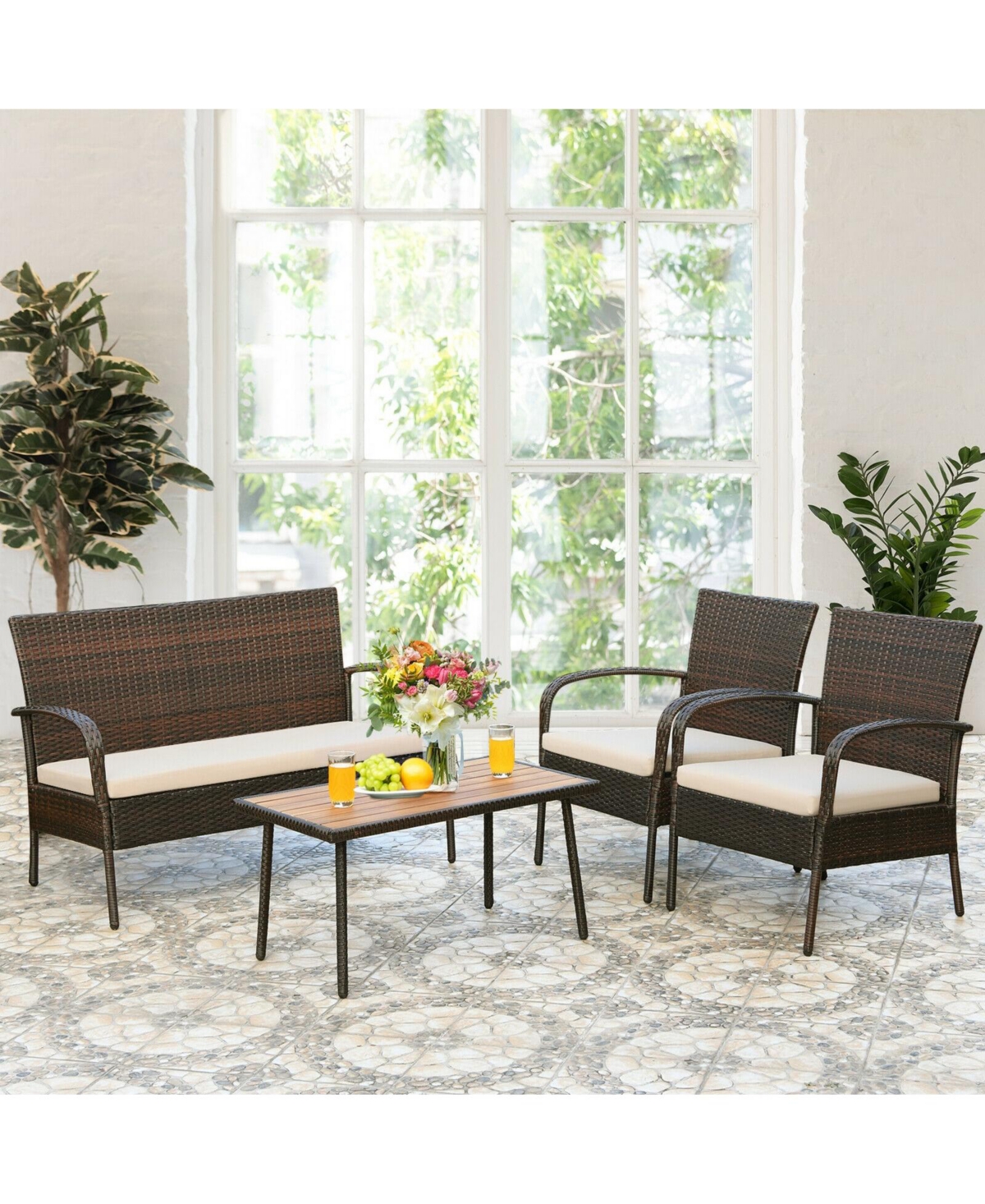 Sugift 4 Pieces Patio Cushioned Wicker Conversation Set with Acacia Wood Tabletop