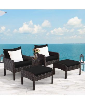 5 Pieces Patio Rattan Sofa Ottoman Furniture Set with Cushions-Black