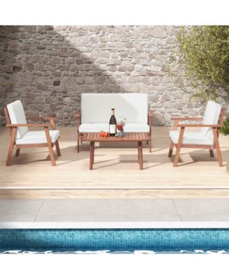 4 Piece Outdoor Acacia Wood Conversation Set with Soft Seat and Back Cushions-White