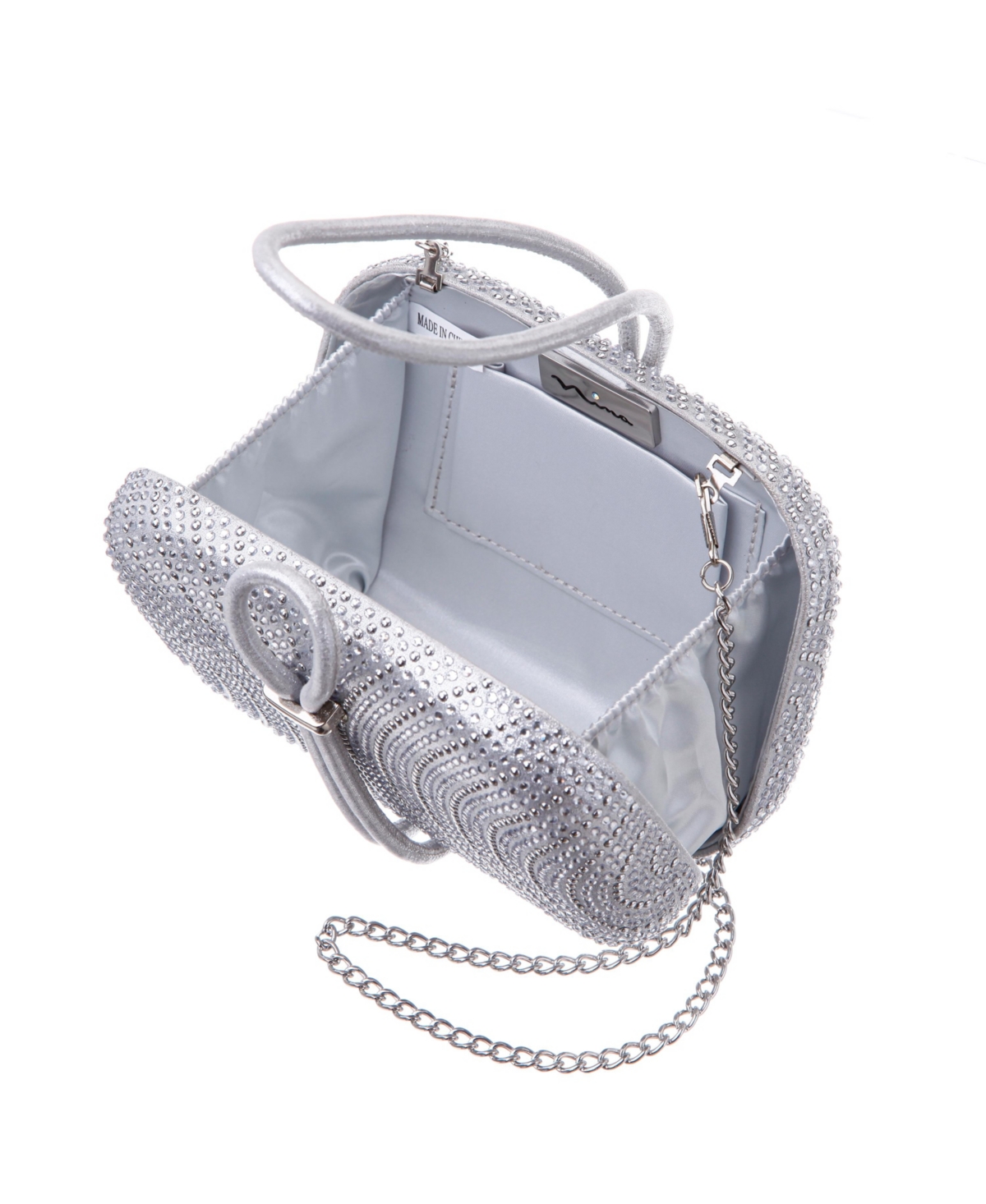 Nina Crystal And Stud Patterned Minaudiere Clutch In True Silver