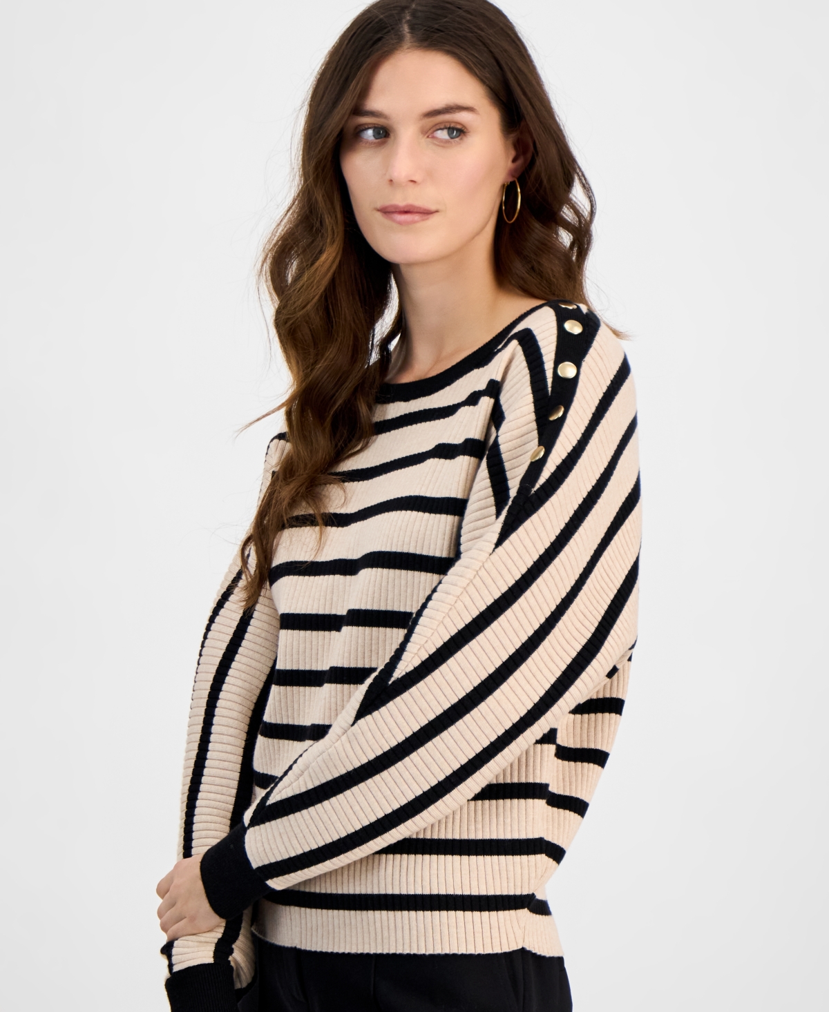 T Tahari Women's Striped Dolman Button-sleeve Sweater In Black,soft Tan