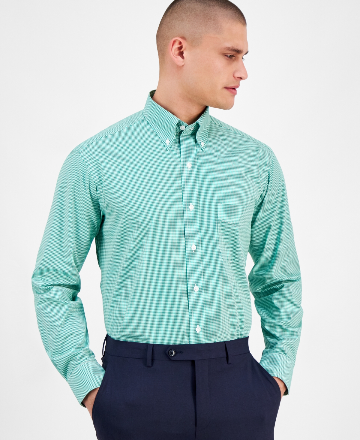 Men's Regular Fit Mini Gingham Dress Shirt, Created for Macy's - Navy