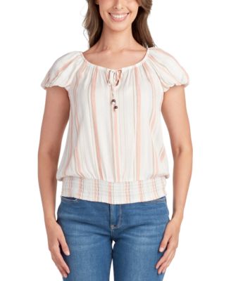 BCX - Juniors' Striped Bubble-Sleeve Pesant Top