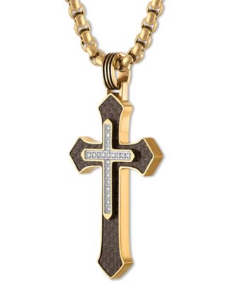 Diamond & Brown Carbon Fiber Cross Pendant Necklace (1/10 ct. t.w.) in Gold-Tone Ion-Plated Stainless Steel, 22"