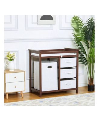 Wooden Baby Changing Table, Diaper Changing Table, Infant Diaper Changing Station Dresser With Laundry Hamper, 3 Drawer Basket And Changing Pad