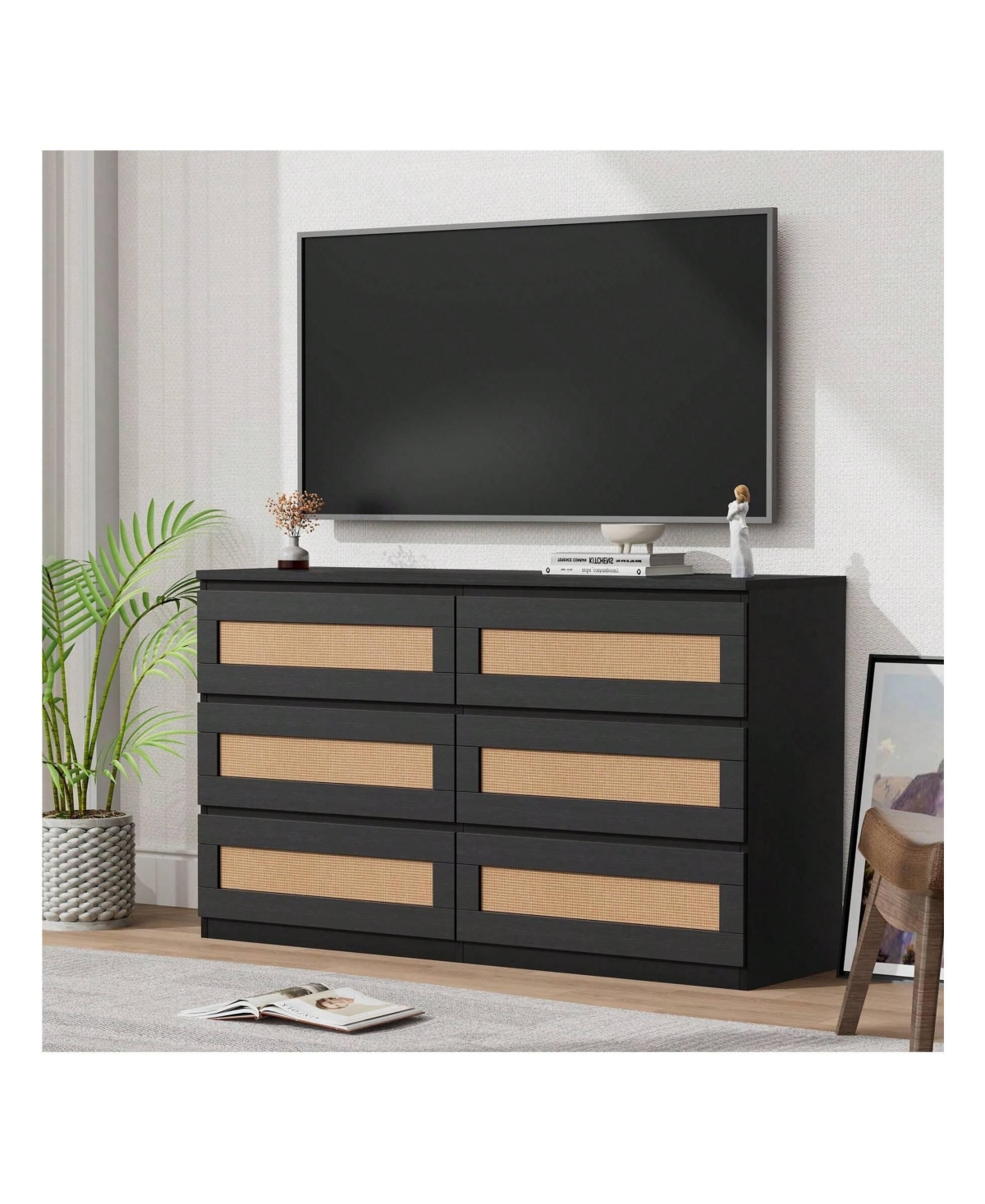 Rattan Dresser For Bedroom, 6 Drawer Dresser For Bedroom, Modern Wide Chest Of Drawers With Anti-Tip Kit