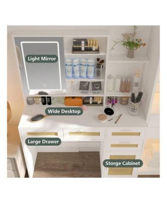 Makeup Vanity With Lights In 3 Colors And Openable Mirror, Vanity Desk With 4 Drawers, 1 Cabinets And Shelves