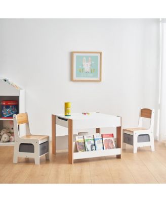 Kids Art Play Activity Table with Storage Shelf and Chair Set with Storage Baskets, White & Gray